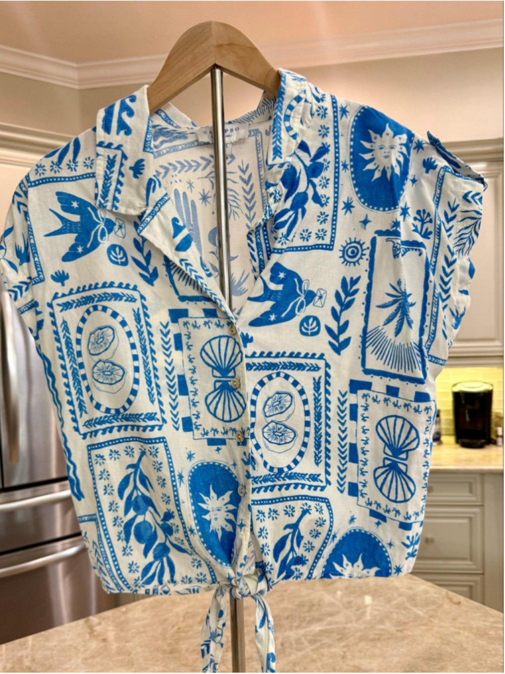 Calypso St. Barth Button Down Shirt XL White Blue Print tie waist button up